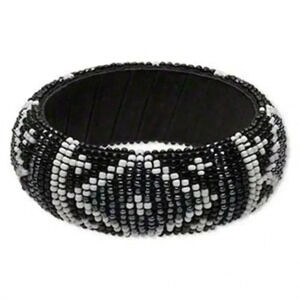Handcrafted India Beaded Bangle Bracelet Black Gunmetal White Tribal Fair Trade